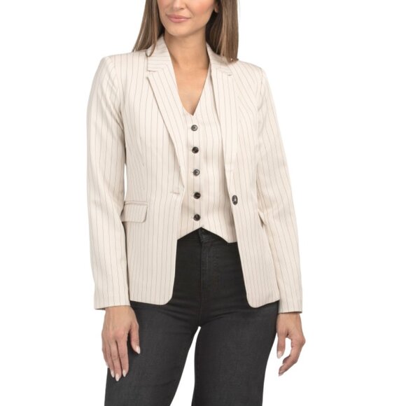 TAHARI ASL Sand/black Pinstripe One Button Jacket